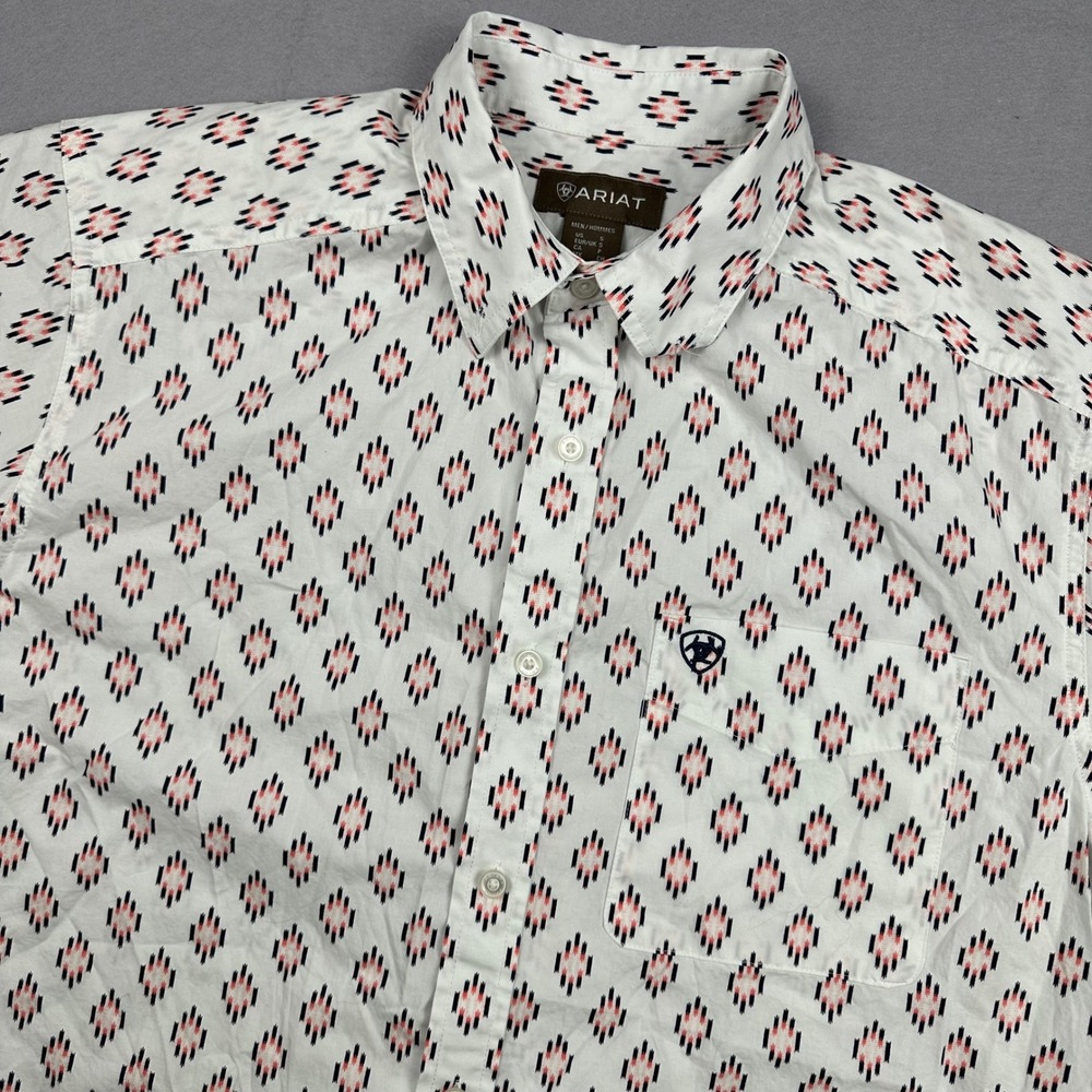 Ariat Mens Small Short Sleeve Button Down Shirt White Coral Navy Geometric Ikat
